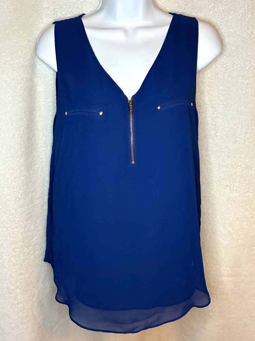 mine Royal Blue Sleeveless V-Neck Zip Front Blouse
